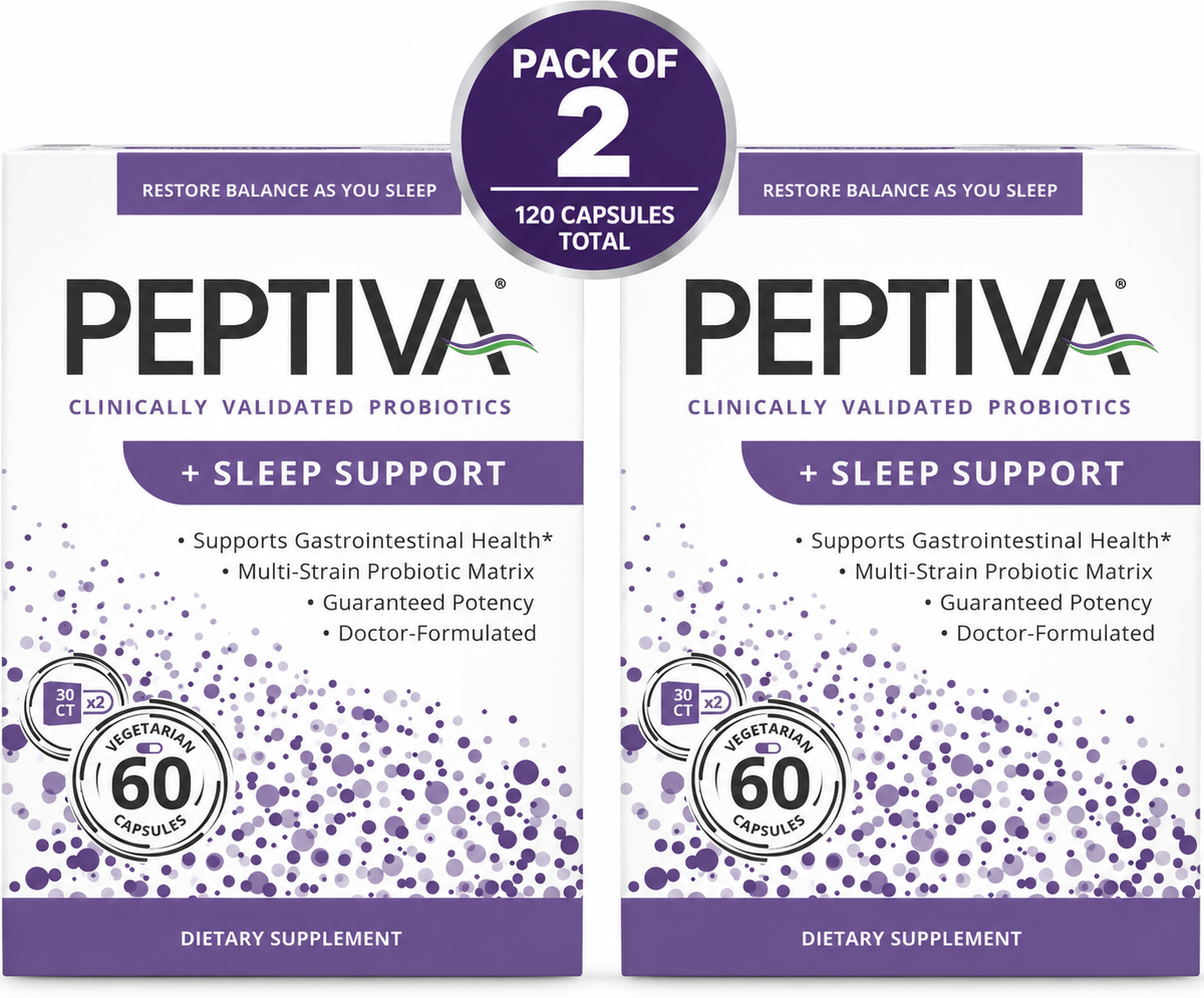 Peptiva Probiotics + Sleep Support 26 Billion CFU – 60 Vegetarian Capsules Each, Pack of 2 (120 Total) – Factory Sealed