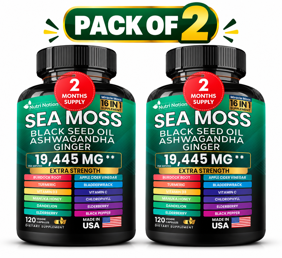 Sea Moss 16-in-1 Supplement with Black Seed Oil, Ashwagandha, Turmeric & Ginger – 120 Capsules per Bottle, Pack of 2