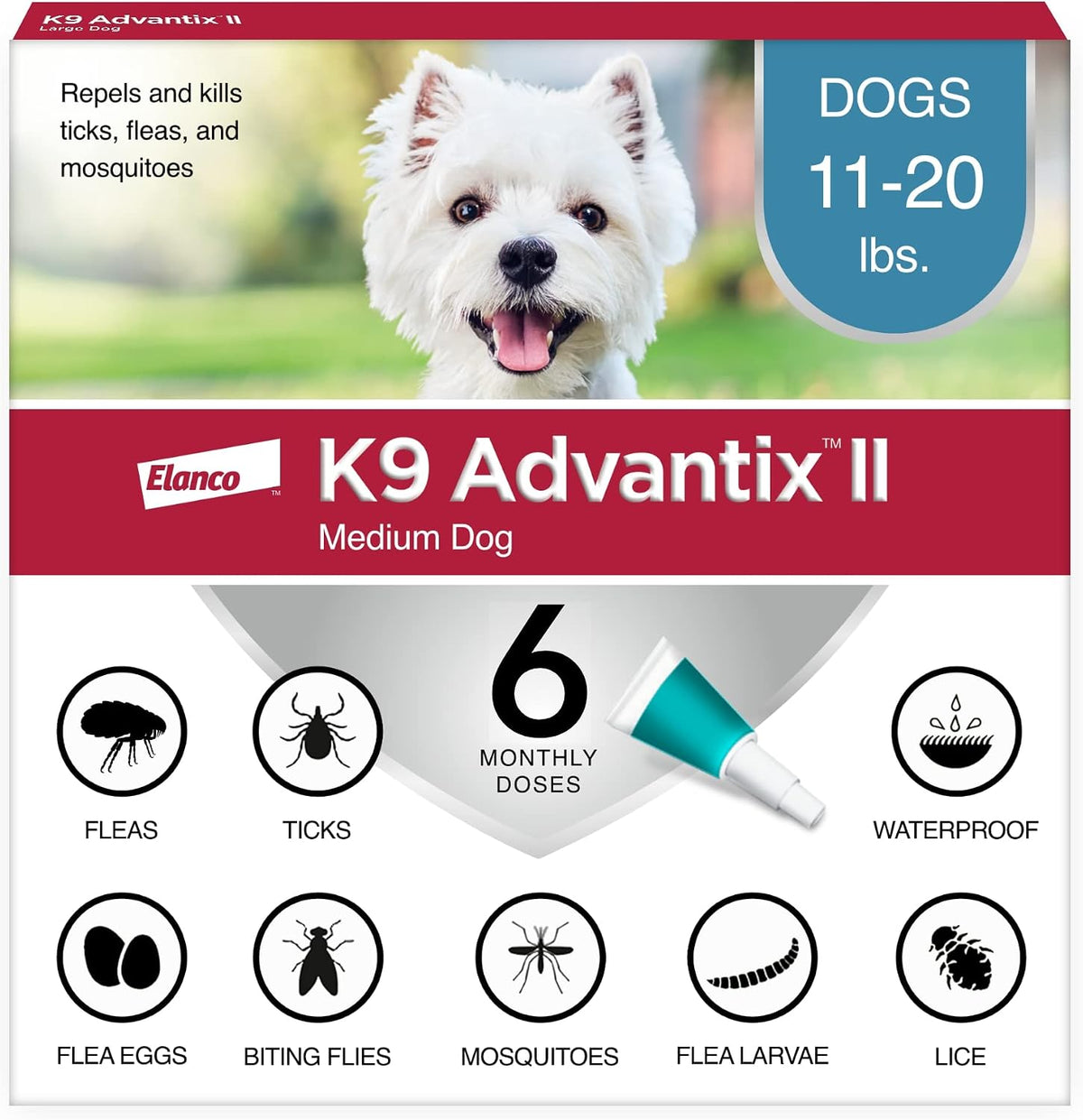 K9 Advantix II Flea and Tick Treatment for Medium Dogs 11-20lbs ,6 Doses ( PACK OF TWO)