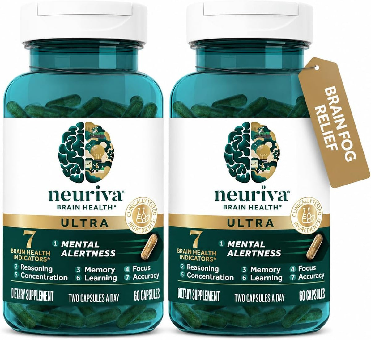 Neuriva Ultra Brain Health Supplement – Cognivive, NeuroFactor & Phosphatidylserine – 60 Capsules Each, Pack of 2 (120 Total) – Caffeine-Free