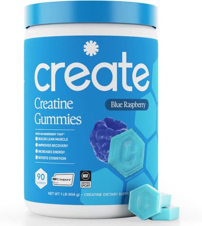 Create Creatine Monohydrate Gummies for Women and Men, Blue Raspberry, 90ct , ( pack of 2 )