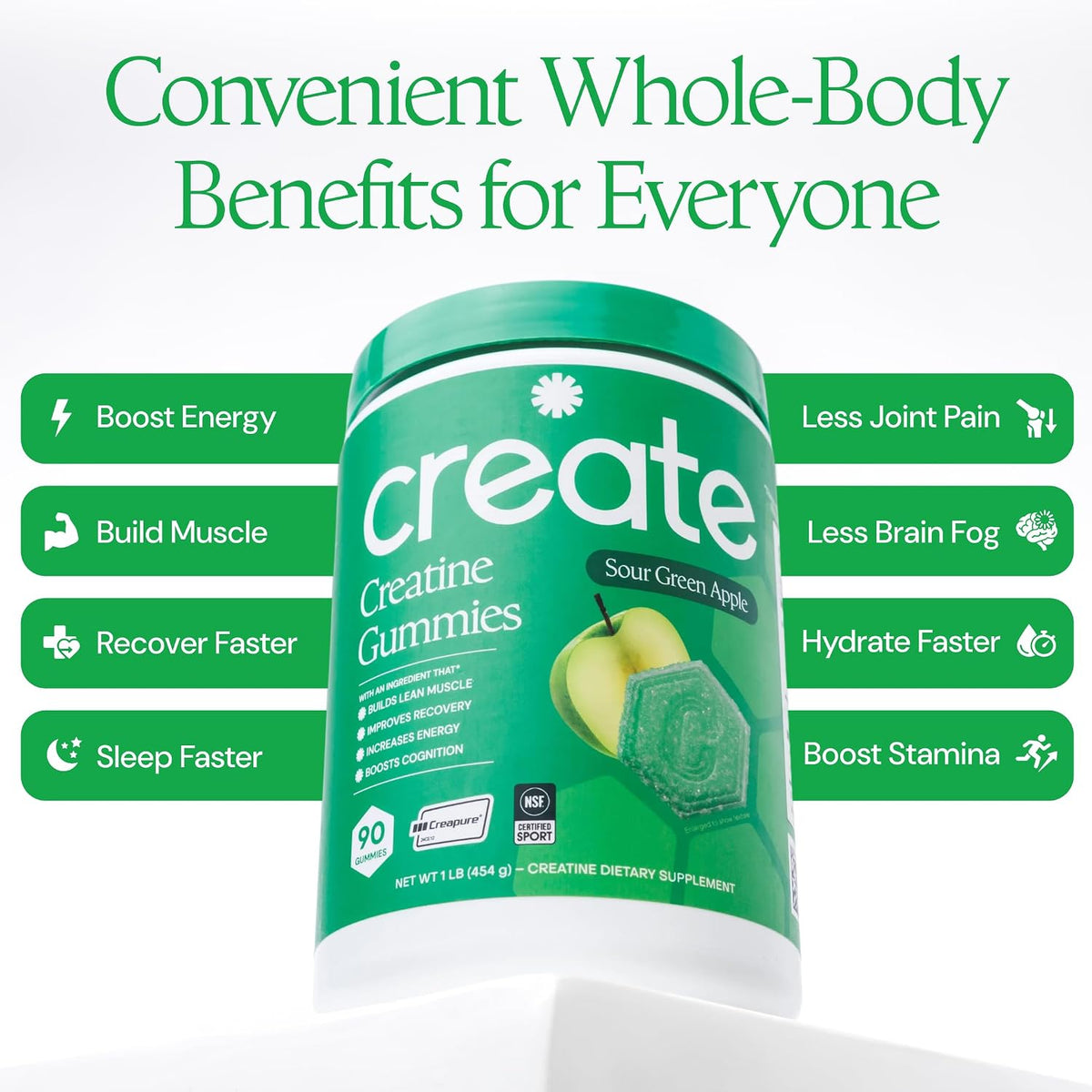 Create Creatine Monohydrate Gummies for Women and Men, Sour Apple, 90ct , ( pack of 2 )