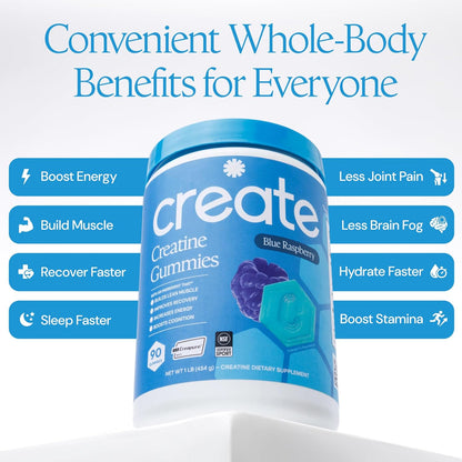 Create Creatine Monohydrate Gummies for Women and Men, Blue Raspberry, 90ct , ( pack of 2 )