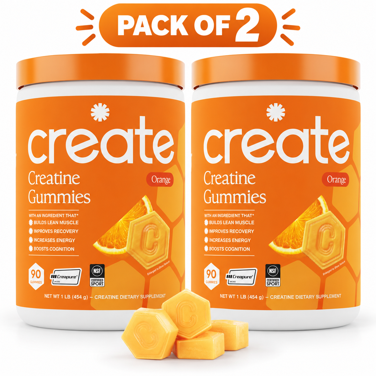 Create Creatine Monohydrate Gummies for Women and Men, Orange, 90ct ( pack of 2 )