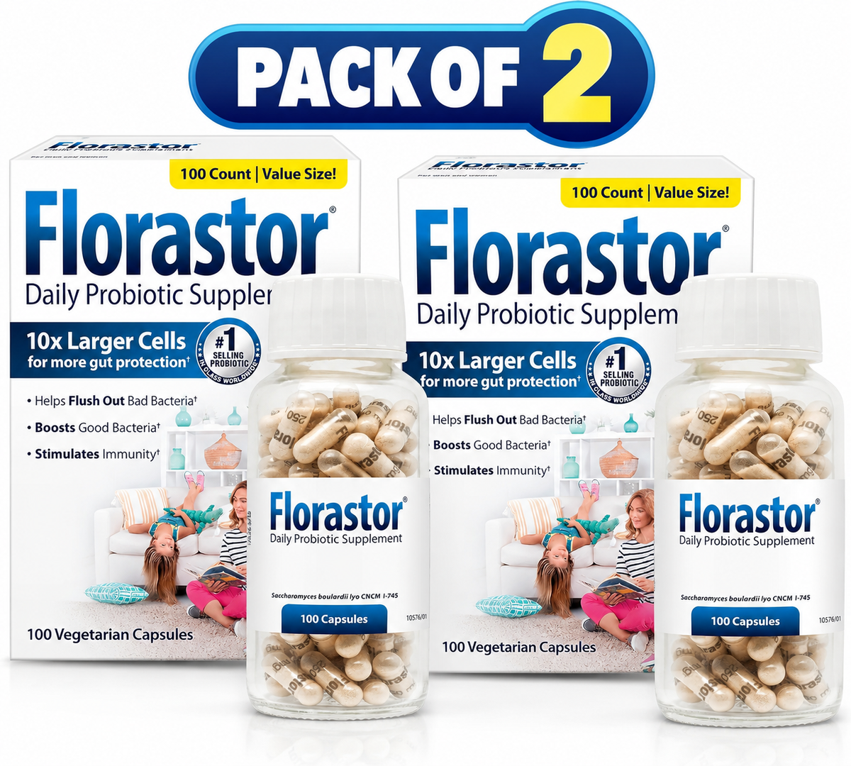 Florastor Daily Probiotic Supplement – Saccharomyces boulardii CNCM I-745 – 100 Capsules Each – Pack of 2 (200 Total)