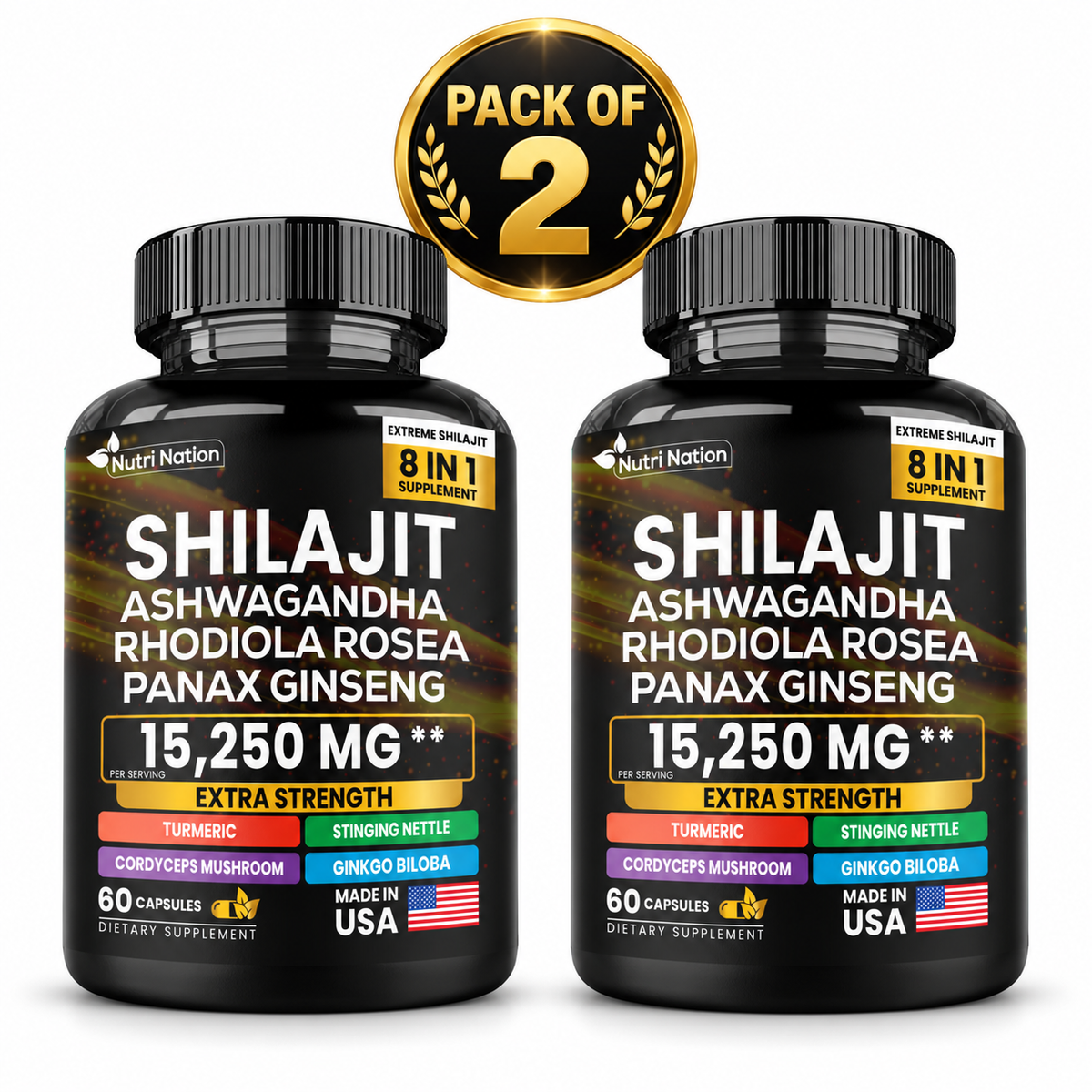 Shilajit 8-in-1 Supplement with Ashwagandha, Turmeric & Cordyceps – 60 Capsules per Bottle, Pack of 2