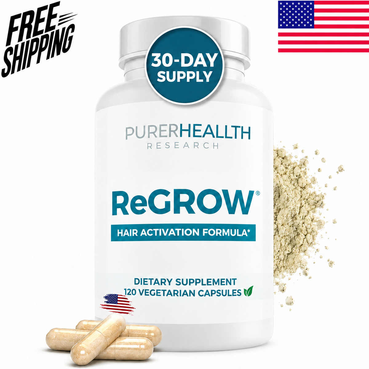 ReGrow Hair Growth Vitamins with Biotin, Hair Supplement by PureHealth Research. 120 capsules