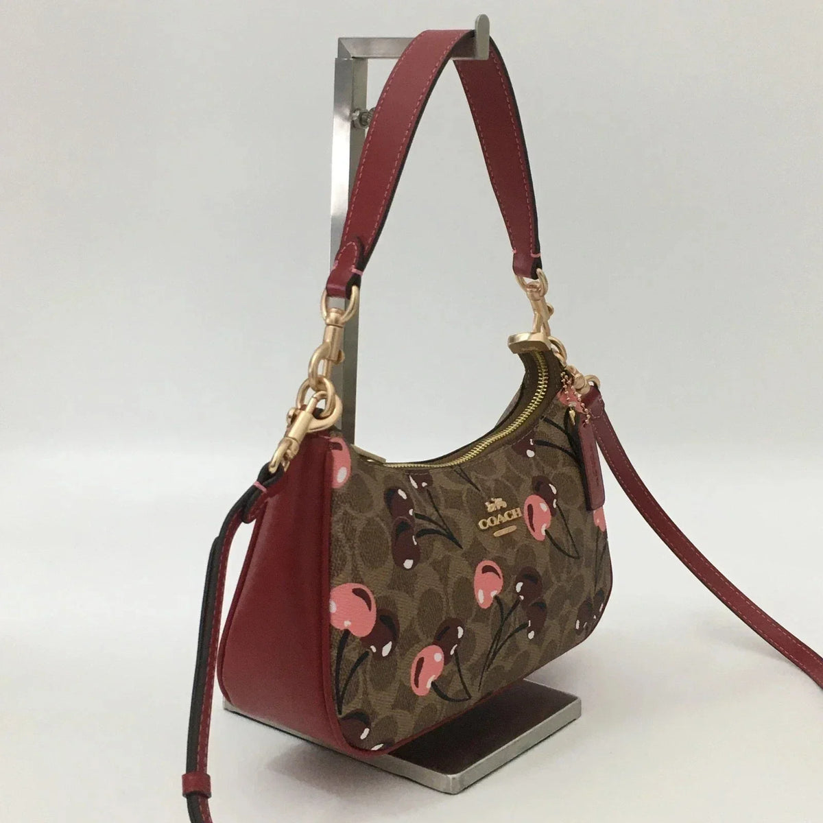 NWT Coach Teri Shoulder Bag CY694 Signature Canvas Cherry Print Tan Brown