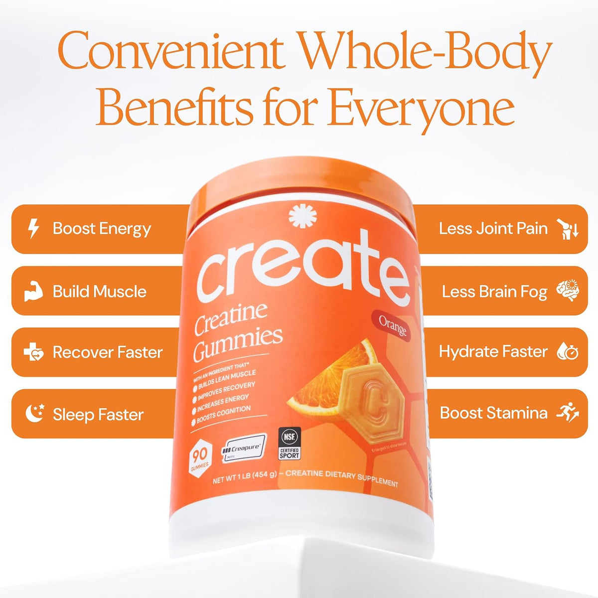 Create Creatine Monohydrate Gummies for Women and Men, Orange, 90ct ( pack of 2 )