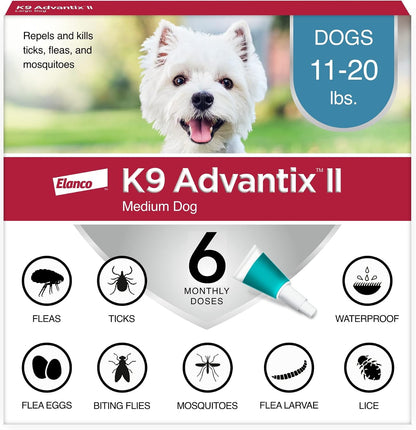 K9 Advantix II Flea and Tick Treatment for Medium Dogs 11-20lbs ,6 Doses ( PACK OF TWO)