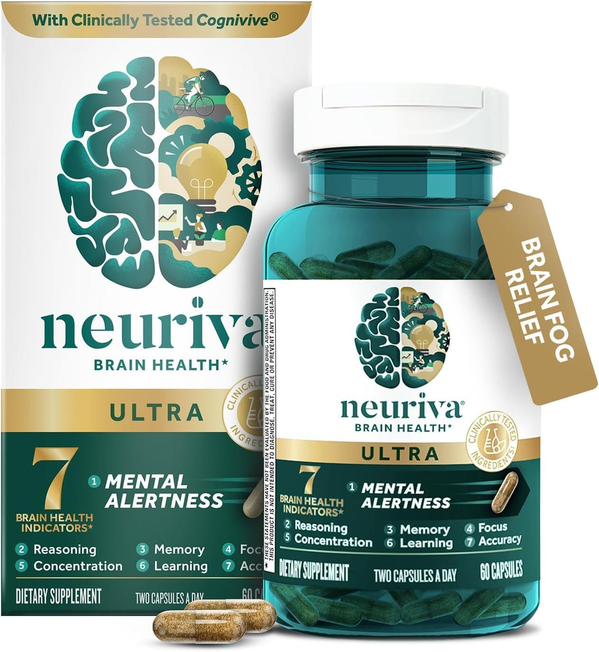 Neuriva Ultra Brain Health Supplement – Cognivive, NeuroFactor & Phosphatidylserine – 60 Capsules Each, Pack of 2 (120 Total) – Caffeine-Free