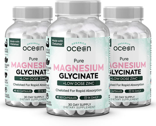 Organics Ocean Pure Magnesium Glycinate with Zinc – 3 Bottles, 90 Capsules Each (270 Total)