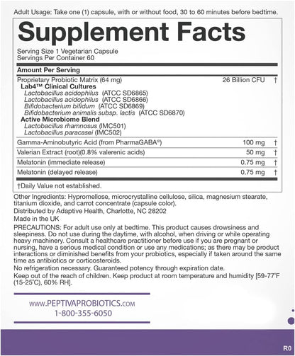 Peptiva Probiotics + Sleep Support 26 Billion CFU – 60 Vegetarian Capsules Each, Pack of 2 (120 Total) – Factory Sealed