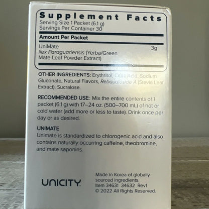 Unicity Unimate LEMON YERBA MATE 30 Stick Packs/Sachets Exp 2027 - Brand New!